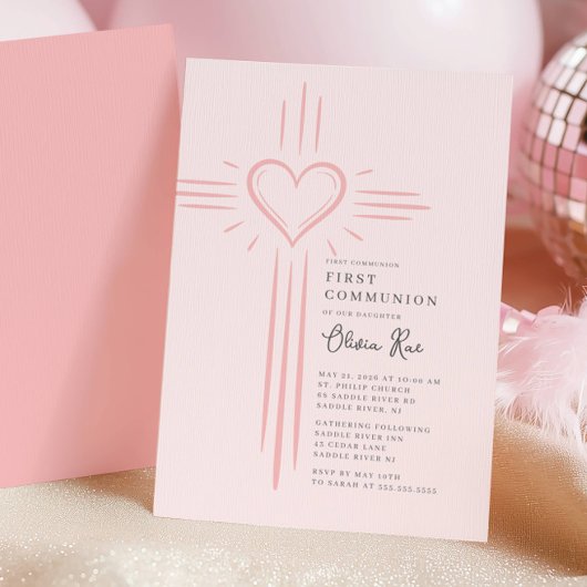 Roze Hart Kruis Eerste Communie Uitnodiging