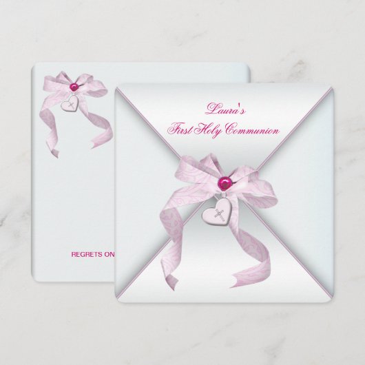 Roze Hart Kruis Meisjes Roze Eerste Communie Kaart (Voorkant / Achterkant)
