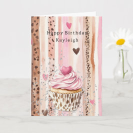Roze Hart Luipaard Cupcake Confetti Verjaardag Kaart