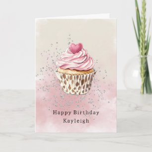 Roze Hart Luipaard Cupcake Verjaardag Kaart