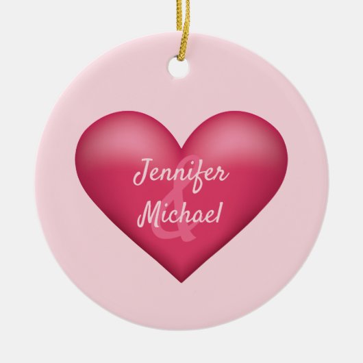 Roze Hart Met Aangepaste Namen Van Het Koppel Keramisch Ornament (Voorkant)