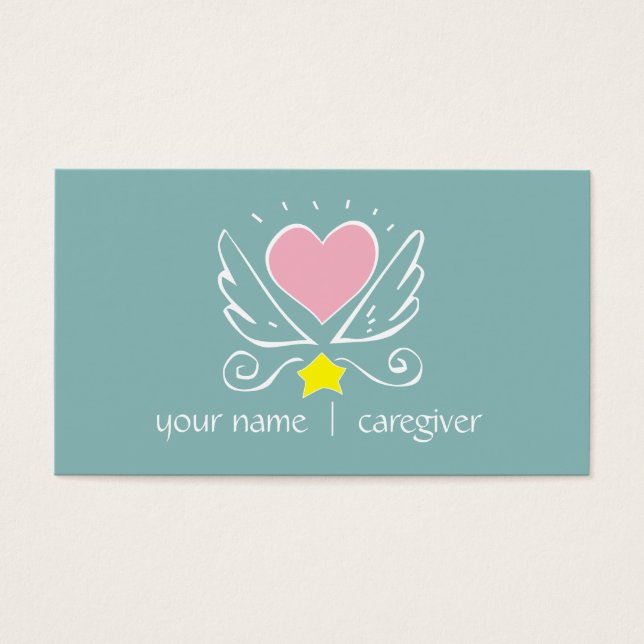 Roze hart met vleugels en sterverzorger visitekaartje (Voorkant)