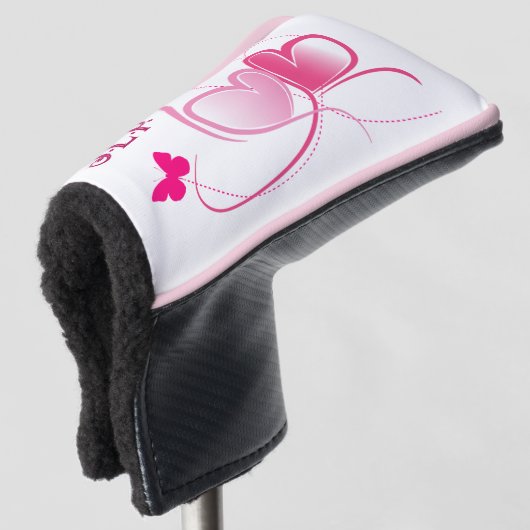  roze hart met vlindervormig design golfheadcover (3/4 voorkant)
