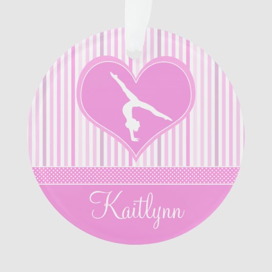 Roze hart met witte strepen en polydot turnast ornament (voorkant)