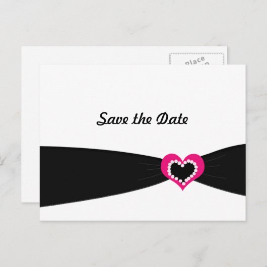 Roze hart met zwart lint sparen de datum aankondigingskaart (Voorkant / Achterkant)