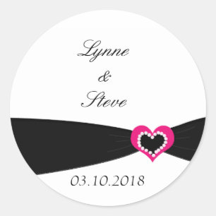 Roze hart met zwarte lint Save the Date Ronde Sticker