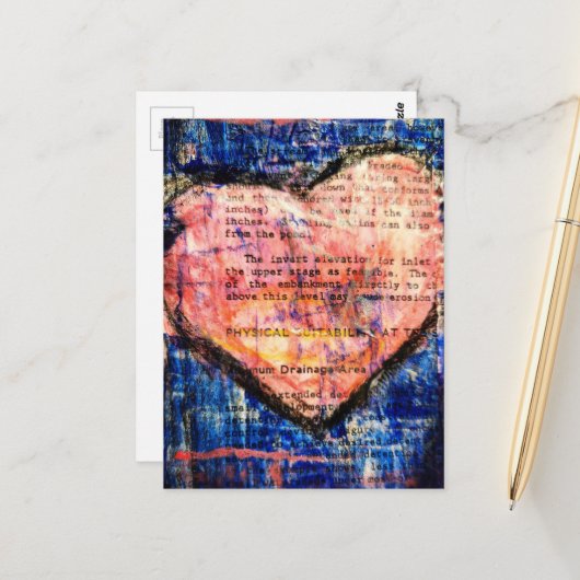 Roze Hart Op Blauwe Mixed Media Collage Briefkaart (Voorkant / Achterkant in situ)