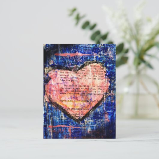 Roze Hart op Blauwe Mixed Media Kunst Briefkaart (Staand voorkant)