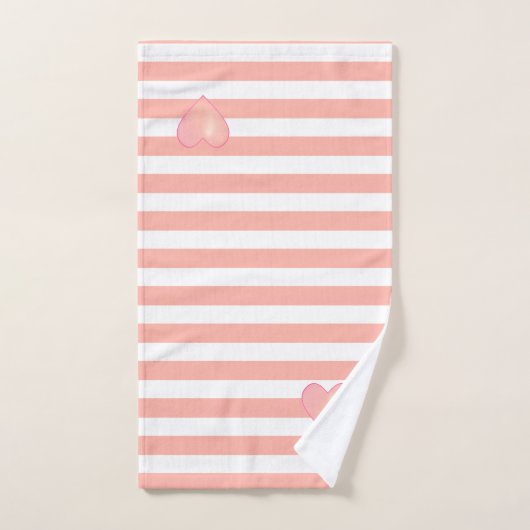 Roze hart op lichtkoraal roze en witte strepe vlek bad handdoek (Handdoek)