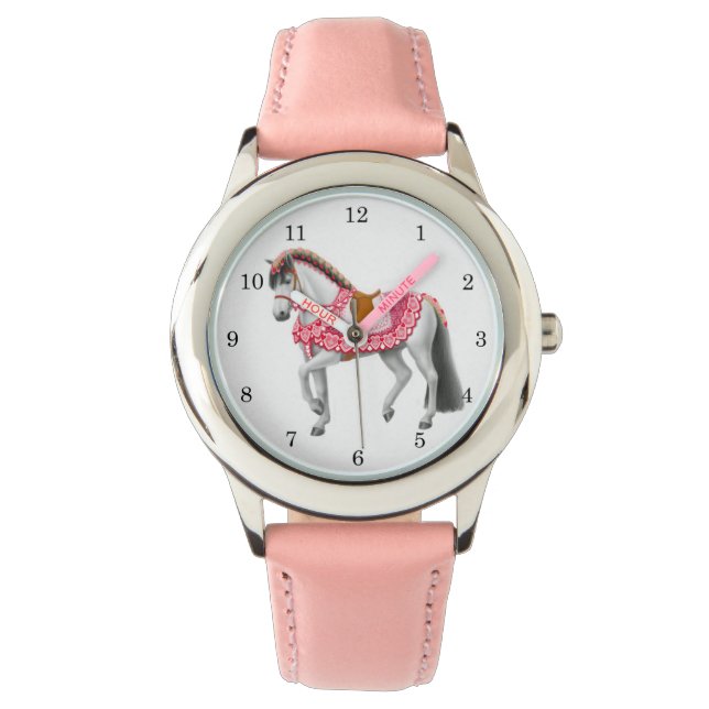 Roze Hart Paard  Meisjes Horloge (Voorkant)