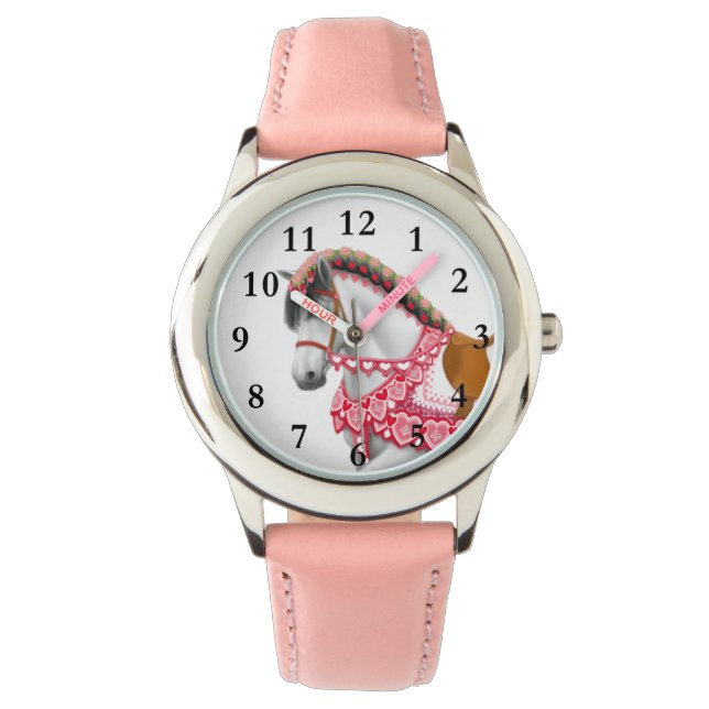  roze hart parade paard Kinder horloge (Voorkant)