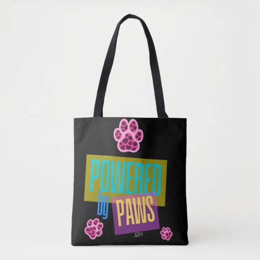 Roze Hart Paw Print "Powered by Paws" Ontwerp Tote Bag (Voorkant)