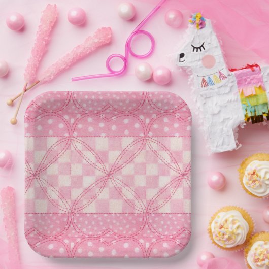 ROZE HART QUILT 9" Vierkante Papier Borden Papieren Bordje (Feest)