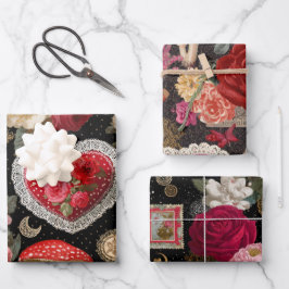 Roze Hart Roos Bloemen Vintage Inpakken Inpakpapier Vel