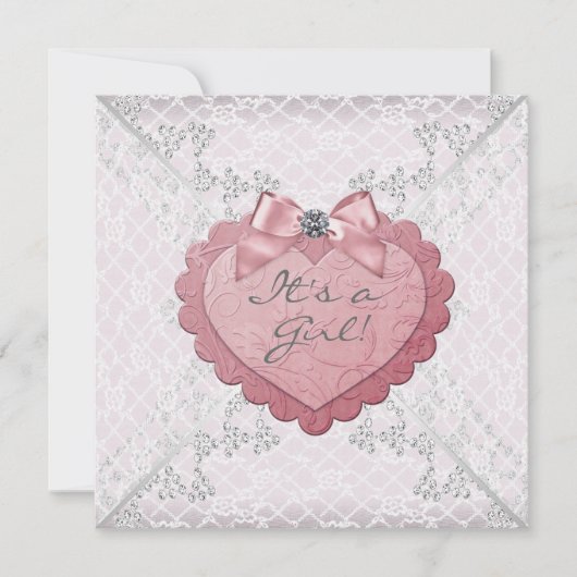 Roze Hart Roze Witte Kant Baby shower Kaart (Voorkant)
