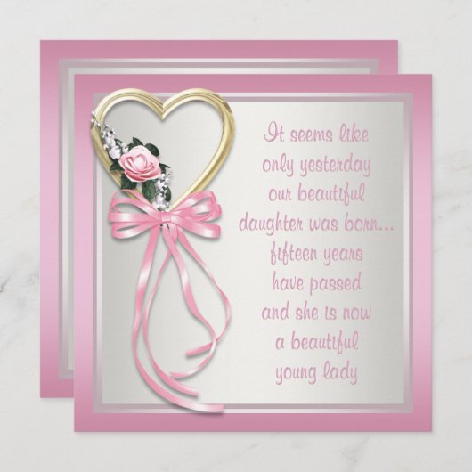 Roze Hart Rozen Roze Witte Quinceanera Uitnodiging (Voorkant / Achterkant)