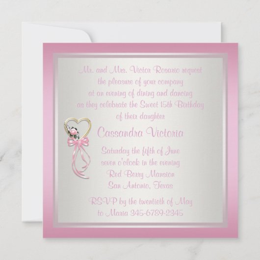 Roze Hart Rozen Roze Witte Quinceanera Uitnodiging (Achterkant)