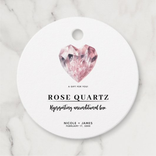 Roze Hart Rozenkwarts Liefdeskristal Bruiloft Bedankjes Labels (Voorkant)