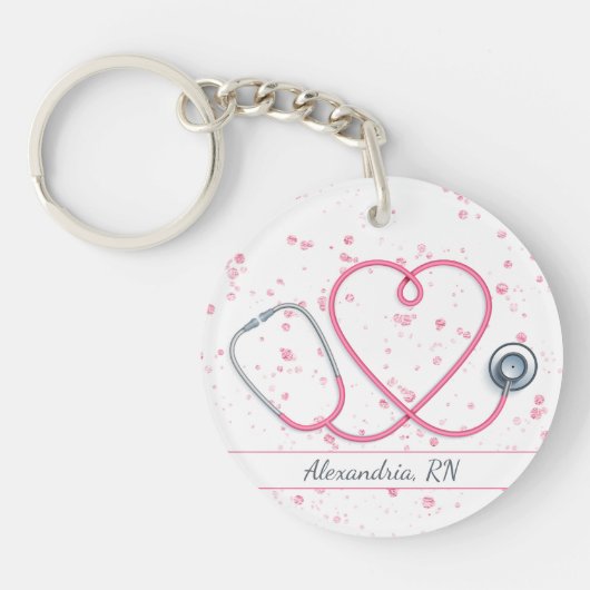 Roze Hart Stethoscoop op Roze Glitter Monogram Sleutelhanger (Voorkant)