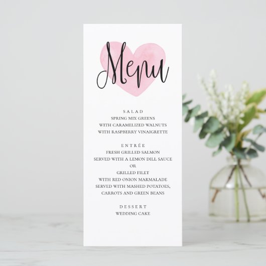 Roze hart trouwmenu. Romantisch modern diner Menu (Staand voorkant)