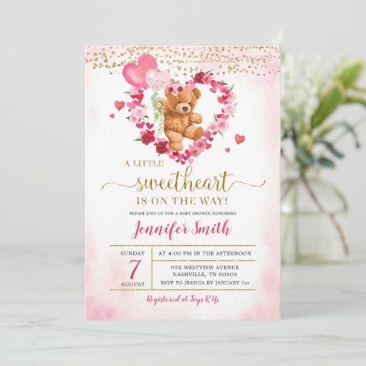 Roze Hart Valentijn Beer Baby Shower Uitnodiging (Staand voorkant)
