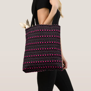 Roze hart valentijn liefdespatroon zwarte achtergr tote bag