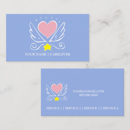 Roze Hart Vleugels met Zorgverlener op Blauw Visitekaartje (Voorkant / Achterkant)