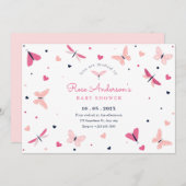 Roze hart vlinder baby shower kaart (Voorkant / Achterkant)