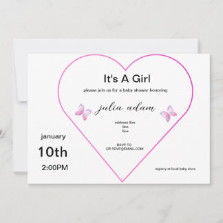 Roze Hart Vlinder Meisje Baby Shower Uitnodiging