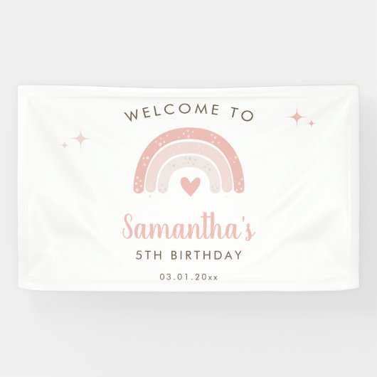 Roze Hart Waterverf Regenboog Verjaardag Welkom Spandoek (Horizontaal)