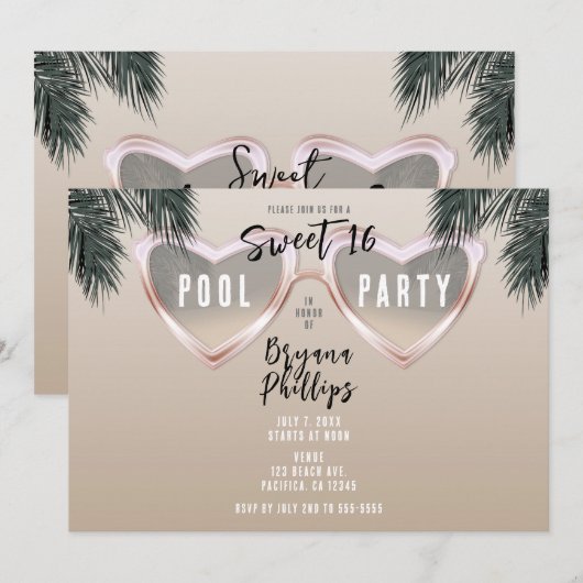 Roze Hart Zonnebril Chique Sweet 16 Pool Party Kaart (Voorkant / Achterkant)