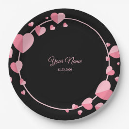 Roze Hart Zwarte Geometrische Trouwfeest Elegant Papieren Bordje