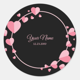 Roze Hart Zwarte Geometrische Trouwfeest Elegante  Ronde Sticker