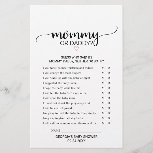 Roze hart | Zwarte kalligrafie mama of papa Game (Voorkant)