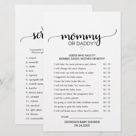 Roze hart | Zwarte kalligrafie mama of papa Game (Voorkant / Achterkant)