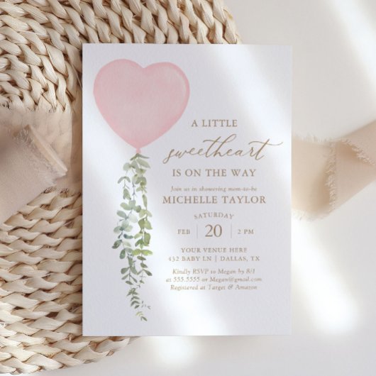 Roze Hartballon Eucalyptus Baby shower Kaart