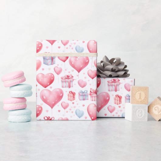 Roze Hartballonnen en Cadeaudozen Waterverf Cadeaupapier (Baby Shower)