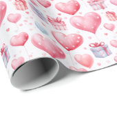 Roze Hartballonnen en Cadeaudozen Waterverf Cadeaupapier (Rol Hoek)