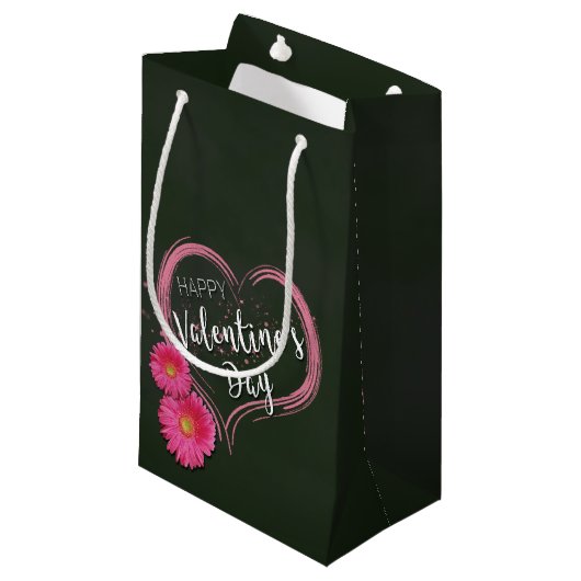 Roze hartbloemen Valentijnsdag Small Gift Bag Klein Cadeauzakje (Voorkant Gekanteld)