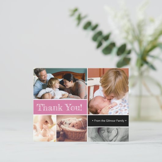 Roze Hartelijk dank Tweede baby geboortefoto colla Aankondiging (Staand voorkant)