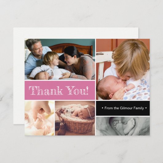 Roze Hartelijk dank Tweede baby geboortefoto colla Aankondiging (Voorkant / Achterkant)