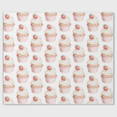 Roze Harten Aardbei Cupcake Cadeaupapier (Vlak)