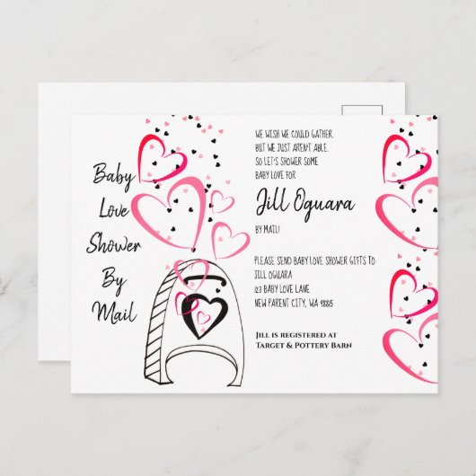 Roze harten Baby shower per post nodigt Briefkaart (Voorkant / Achterkant)