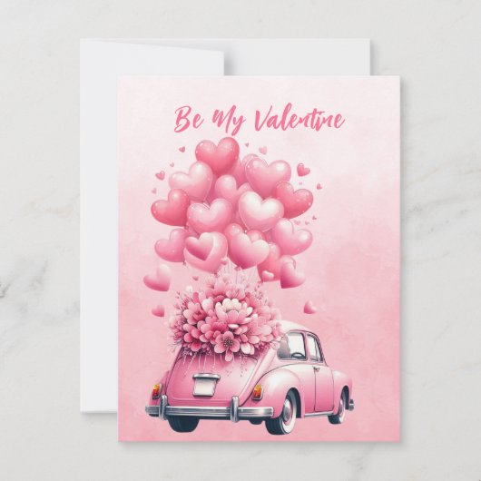 Roze harten ballonnen auto in roze feestdagenkaart (Voorkant)