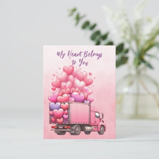 Roze harten ballonnen vrachtwagen in roze feestdagenkaart (Staand voorkant)