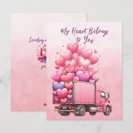 Roze harten ballonnen vrachtwagen in roze feestdagenkaart (Voorkant / Achterkant)