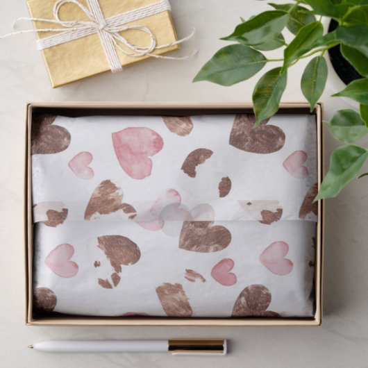 Roze Harten Bruine Cacao Koe Print Verjaardag Tissuepapier (Geschenk)