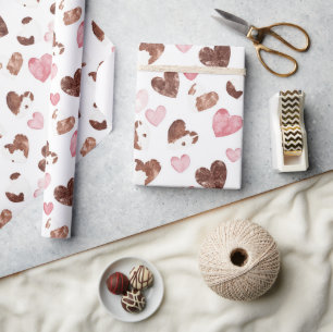 Roze Harten Bruine Cacao Koeienprint Verjaardag Cadeaupapier