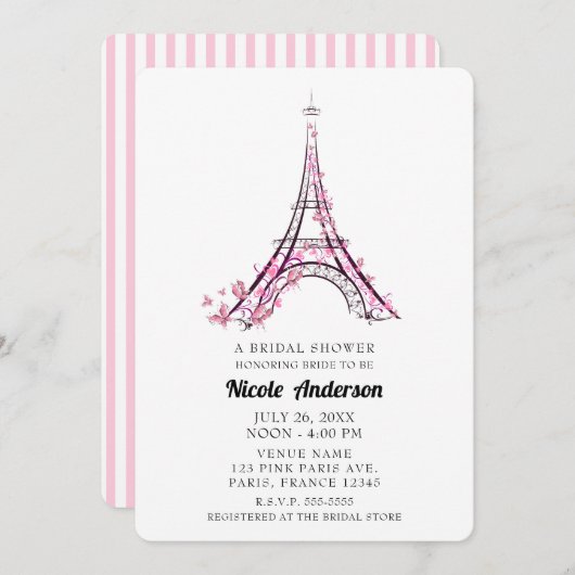 Roze harten Butterflies Paris Eiffel Tower Bridal Kaart (Voorkant / Achterkant)