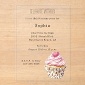 Roze Harten Cupcake Luipaard Verjaardag Acryl Uitnodigingen (Voorkant)